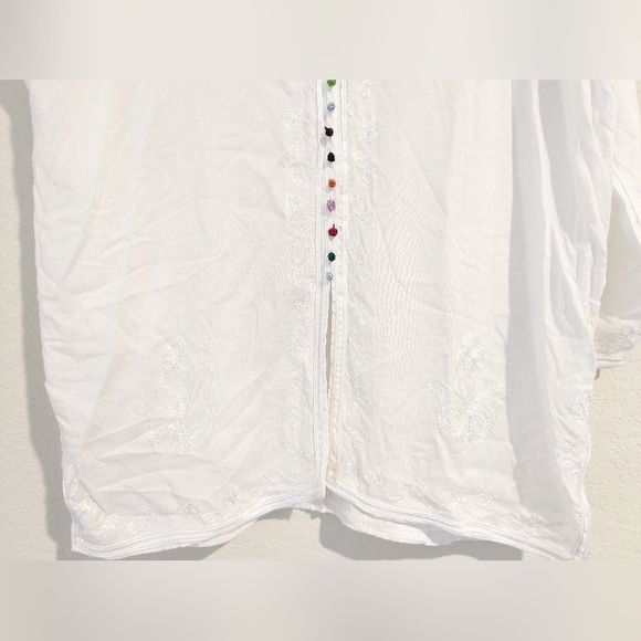 White Sheer Silky Embroidered Rainbow Pom Pom Buttoned V-Neck Tunic Blouse - Picture 5 of 9
